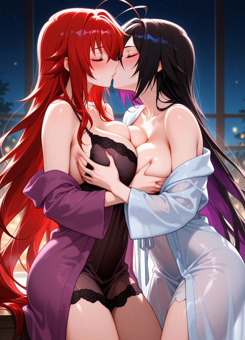 breasts, multiple girls, long hair, 2girls, yuri, closed eyes · Yamete.gg