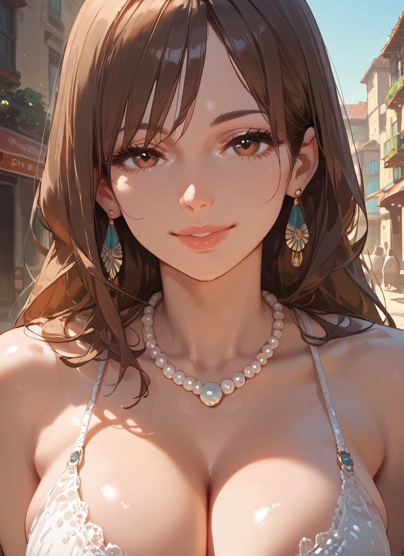 breasts, 1girl, jewelry, earrings, brown hair, necklace · Yamete.gg