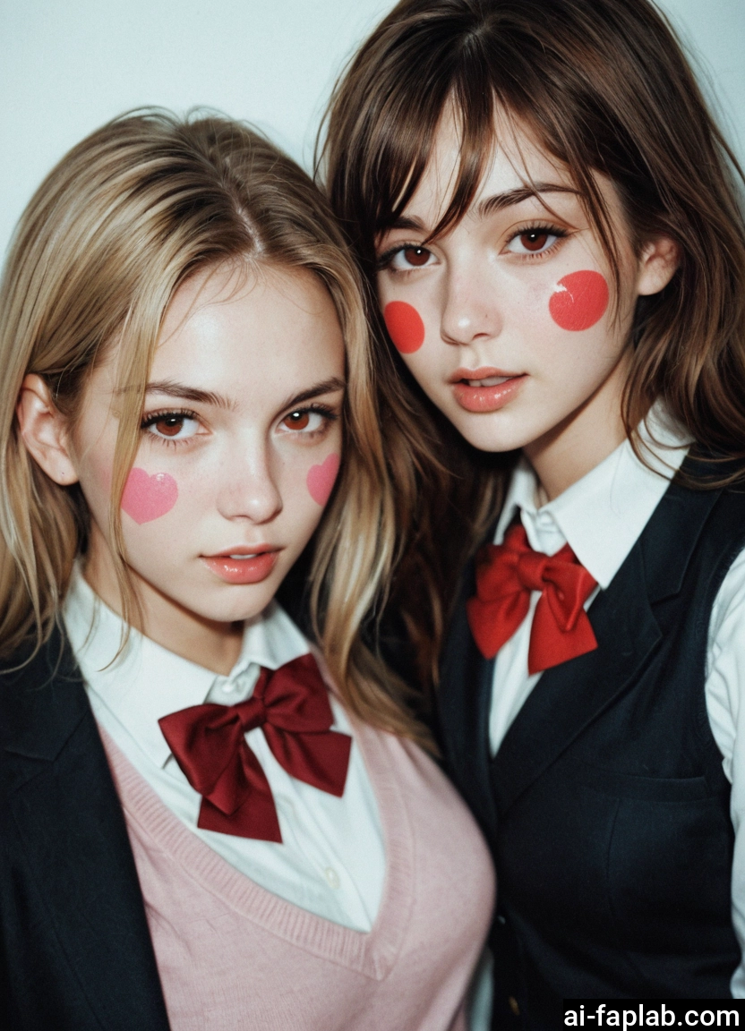multiple girls, 2girls, brown hair, looking at viewer, bow, heart