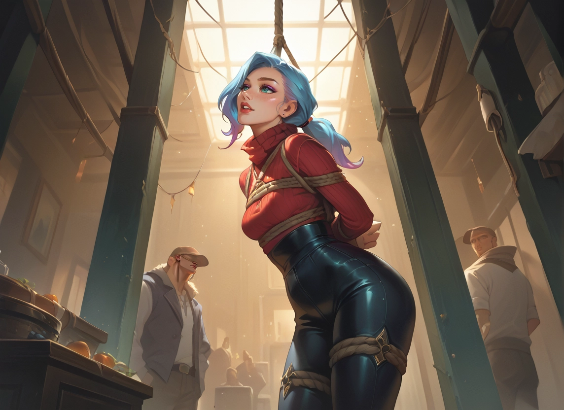 1girl, bdsm, bound, blue hair, bondage, sweater · Yamete.gg