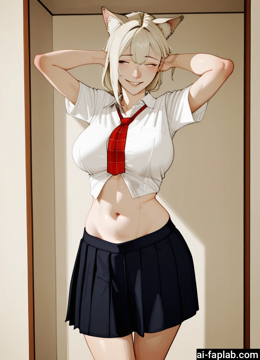 1girl, animal ears, skirt, breasts, navel, smile