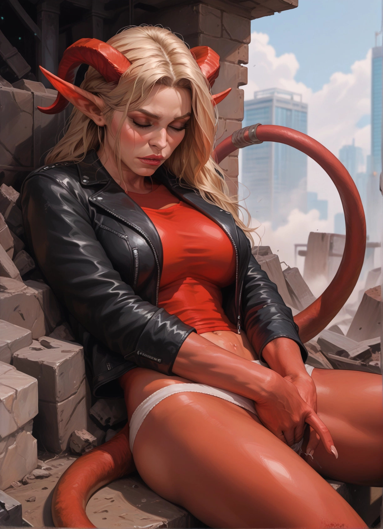 1girl, horns, tail, jacket, underwear, panties · Yamete.gg