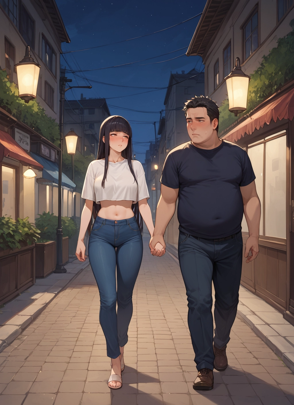 1girl, 1boy, black hair, pants, long hair, holding hands · Yamete.gg