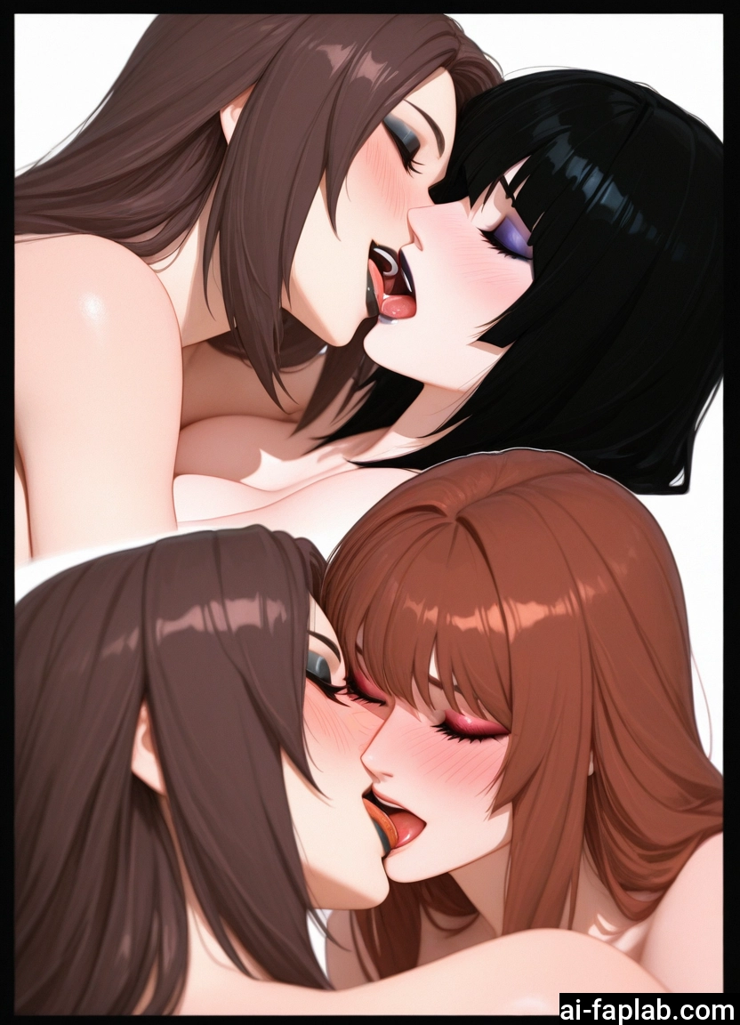 multiple girls, yuri, brown hair, 2girls, kiss, black hair