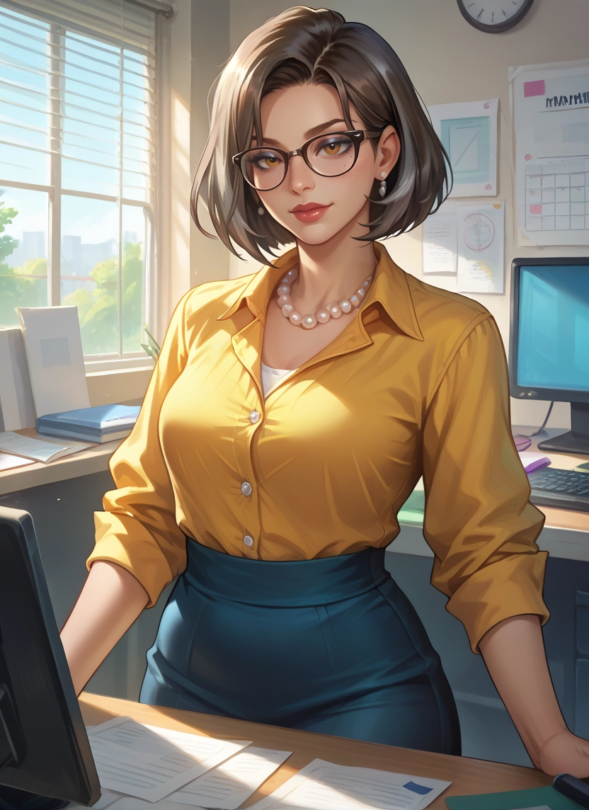 1girl, jewelry, glasses, skirt, earrings, necklace · Yamete.gg