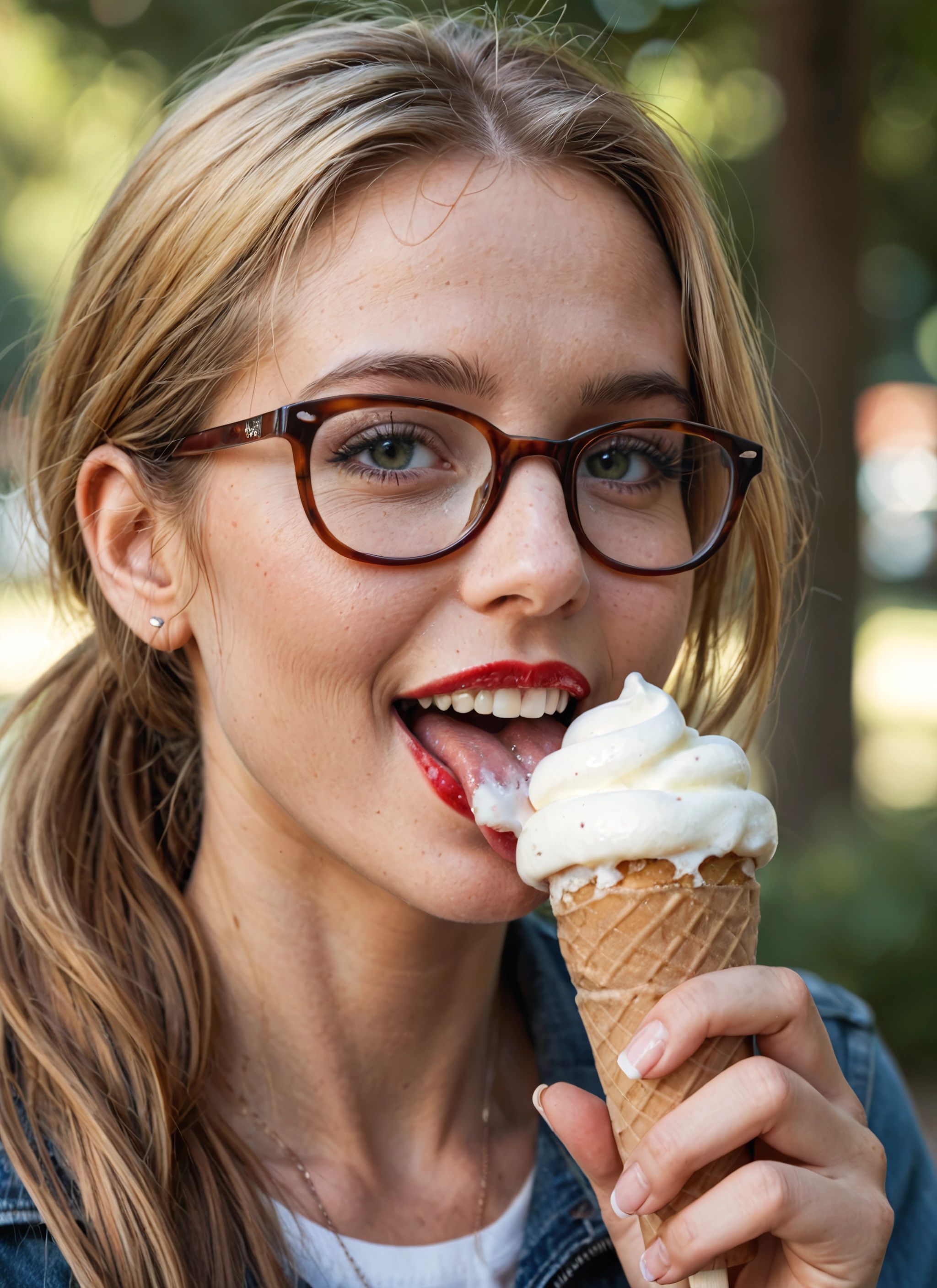 1girl, food, solo, glasses, ice cream, jewelry · Yamete.gg