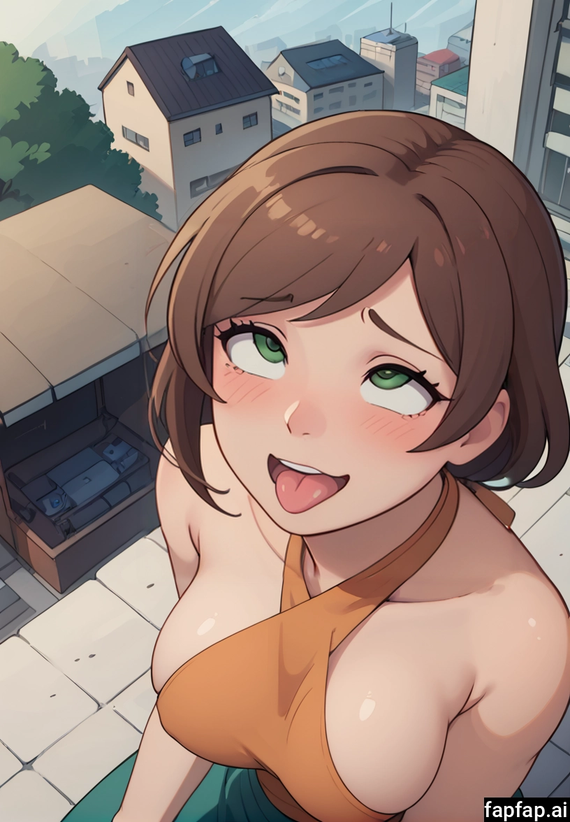 1girl, brown hair, breasts, tongue, solo, green eyes · Yamete.gg