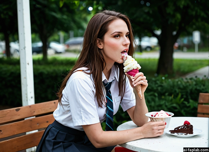 1girl, food, solo, school uniform, necktie, ice cream · Yamete.gg