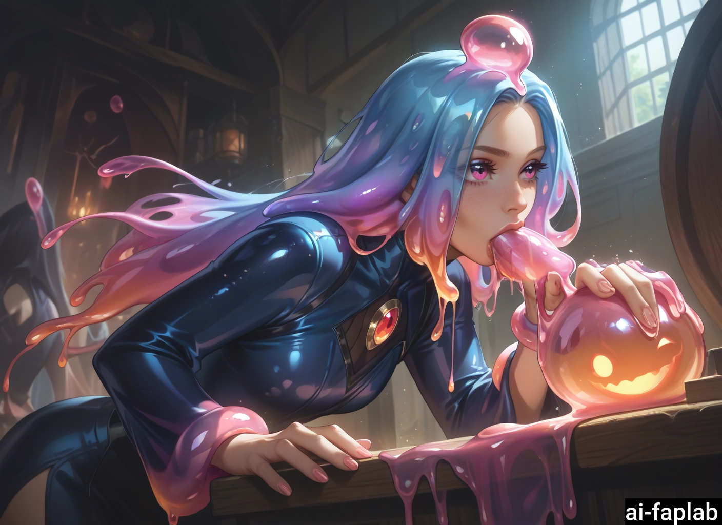 long hair, indoors, slime (substance), multiple girls, multicolored hair, blue hair · Yamete.gg