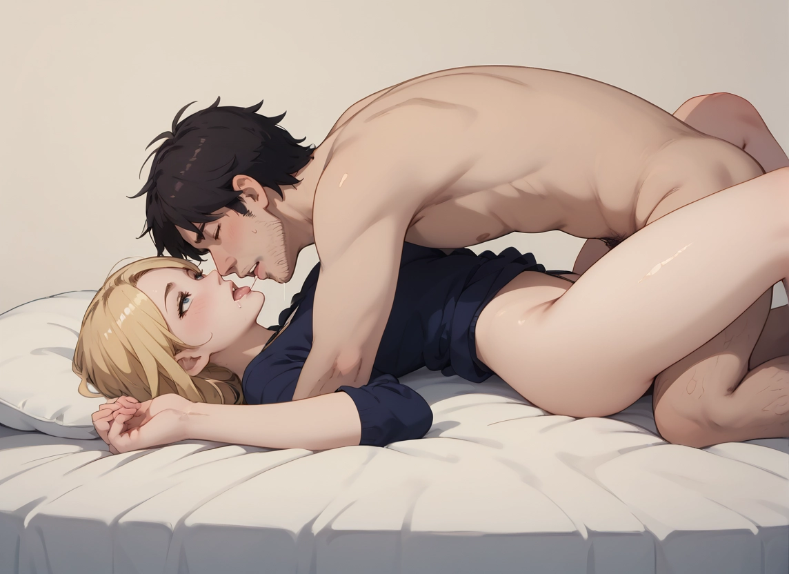 1girl, 1boy, hetero, blonde hair, sex, nude