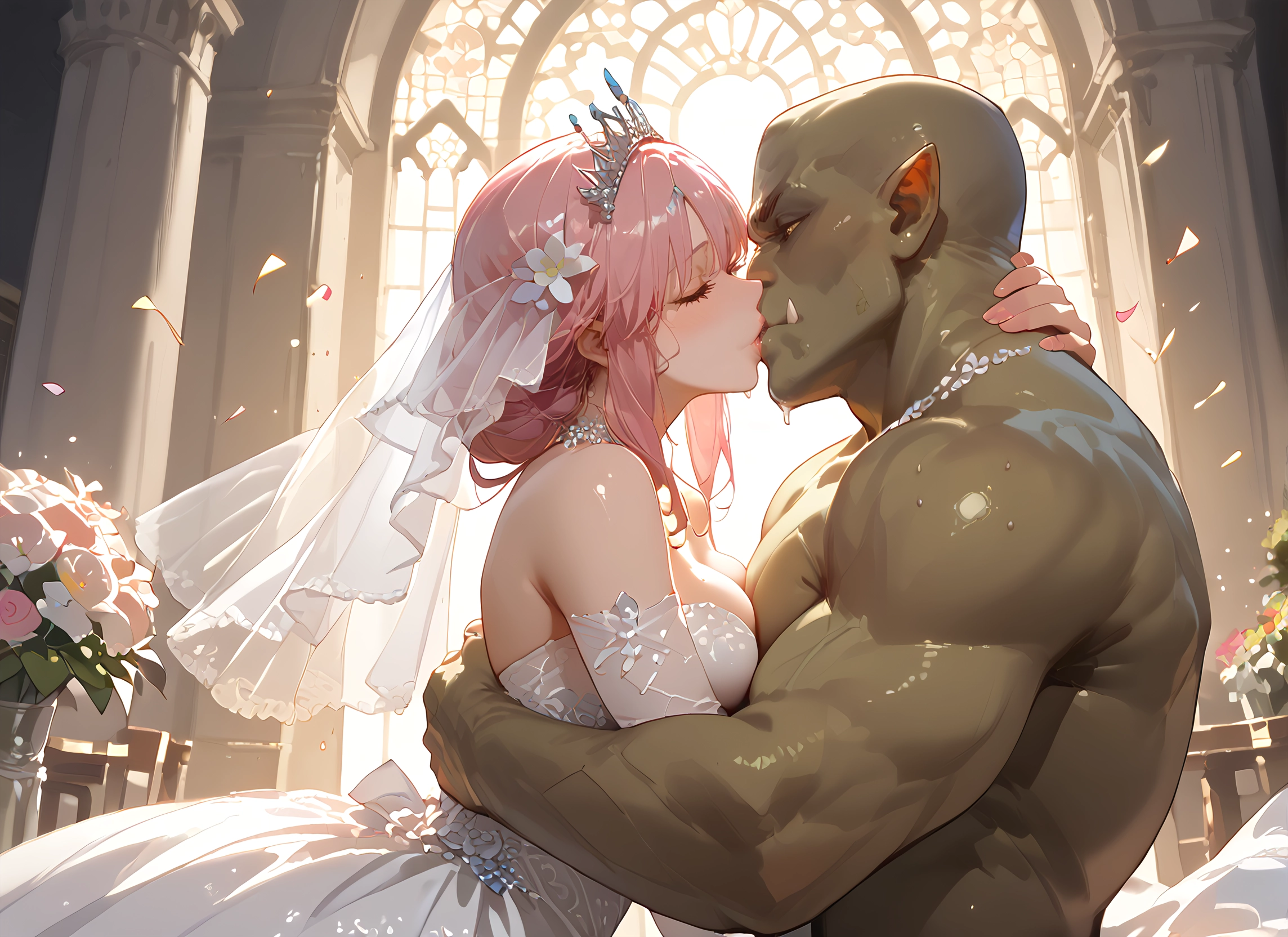 1girl, dress, 1boy, pink hair, breasts, kiss · Yamete.gg