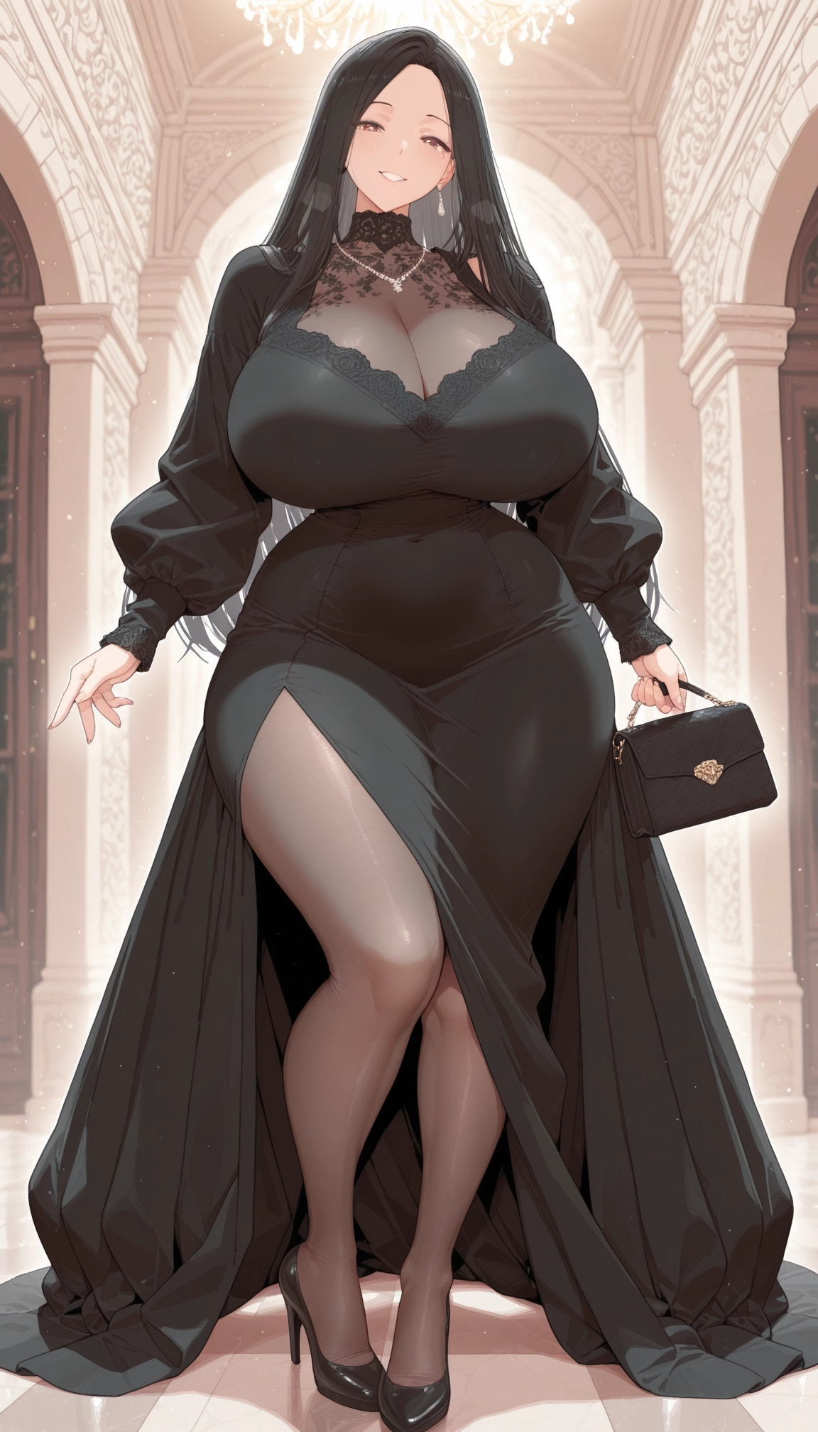 1girl, breasts, dress, jewelry, bag, high heels · Yamete.gg