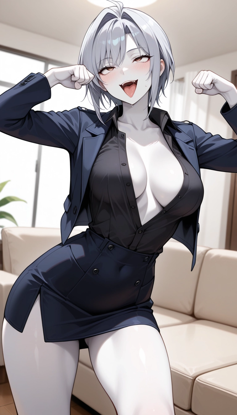 1girl, breasts, solo, tongue, short hair, skirt · Yamete.gg