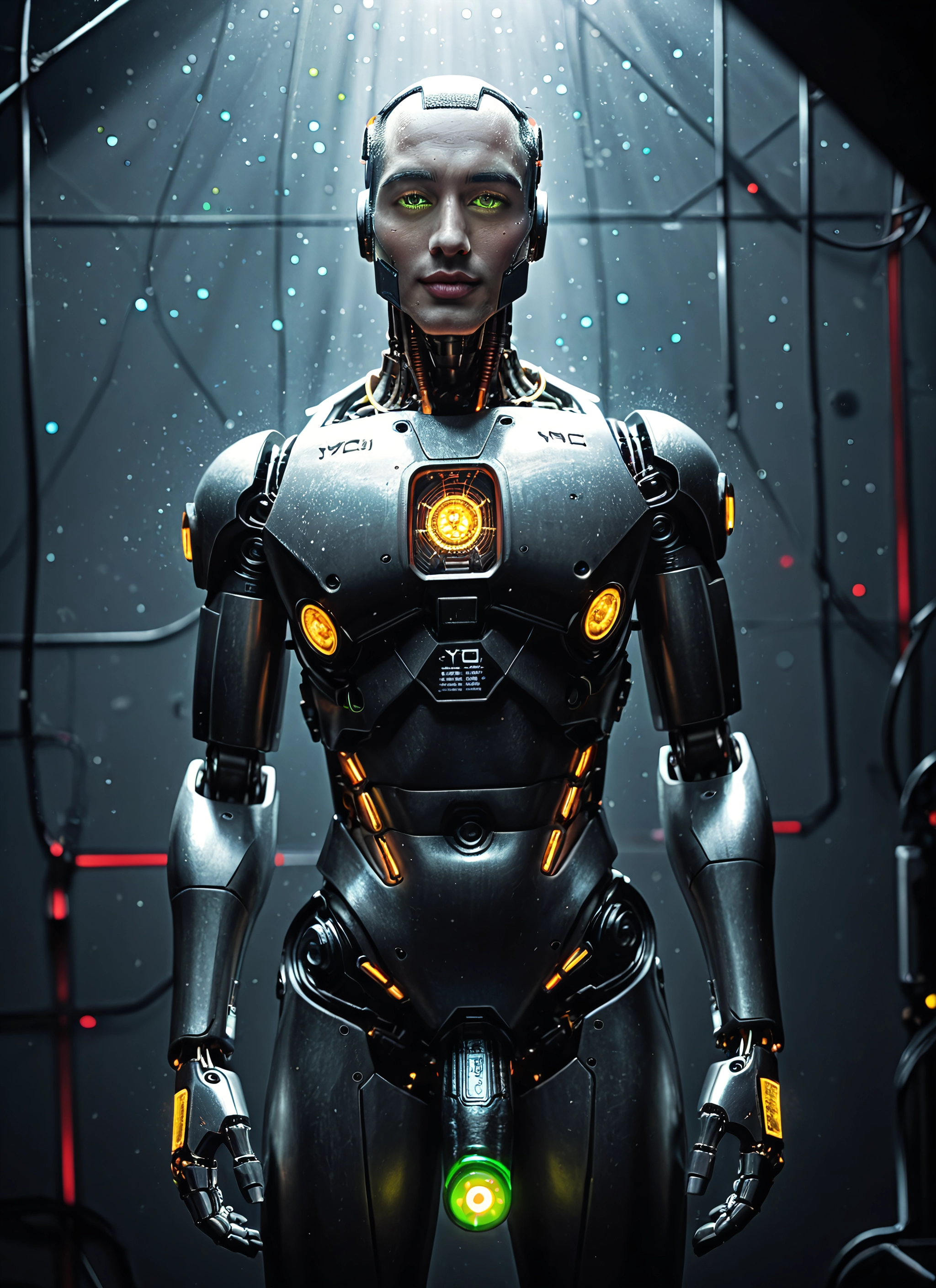 solo, science fiction, green eyes, looking at viewer, realistic, cable · Yamete.gg
