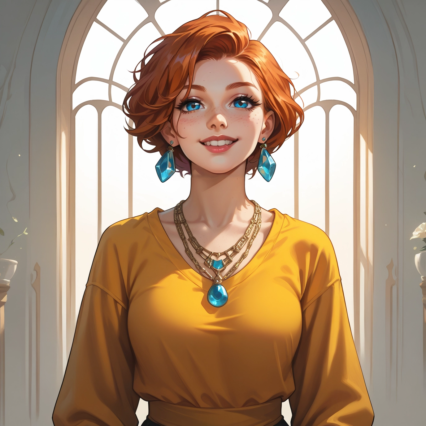 1girl, jewelry, solo, smile, necklace, blue eyes · Yamete.gg
