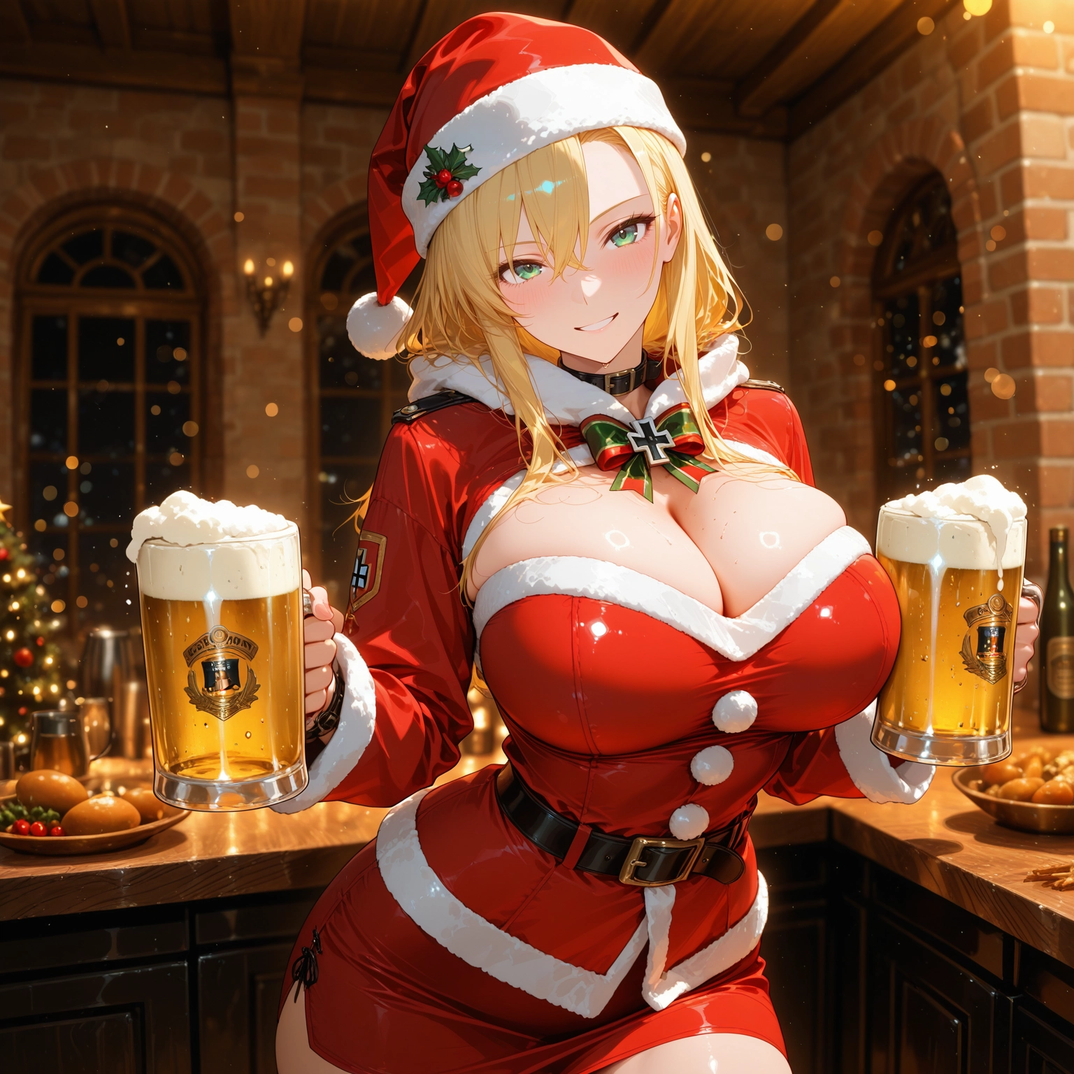 breasts, 1girl, hat, santa hat, blonde hair, smile · Yamete.gg
