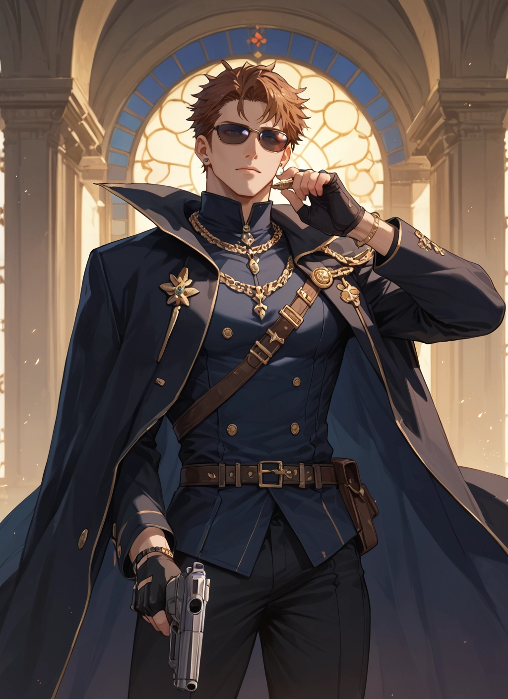 weapon, gun, 1boy, male focus, gloves, sunglasses · Yamete.gg