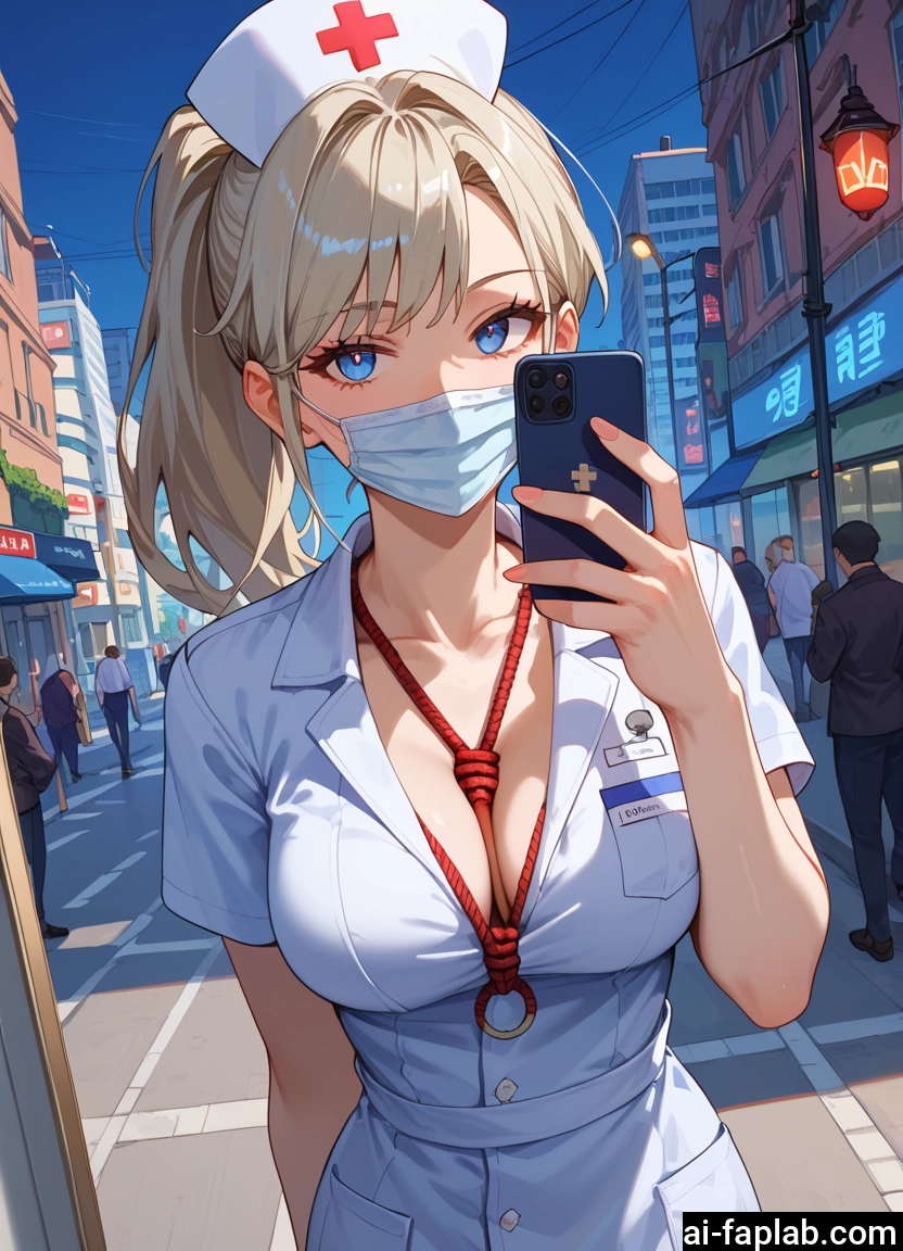 breasts, blue eyes, mask, phone, hat, mouth mask