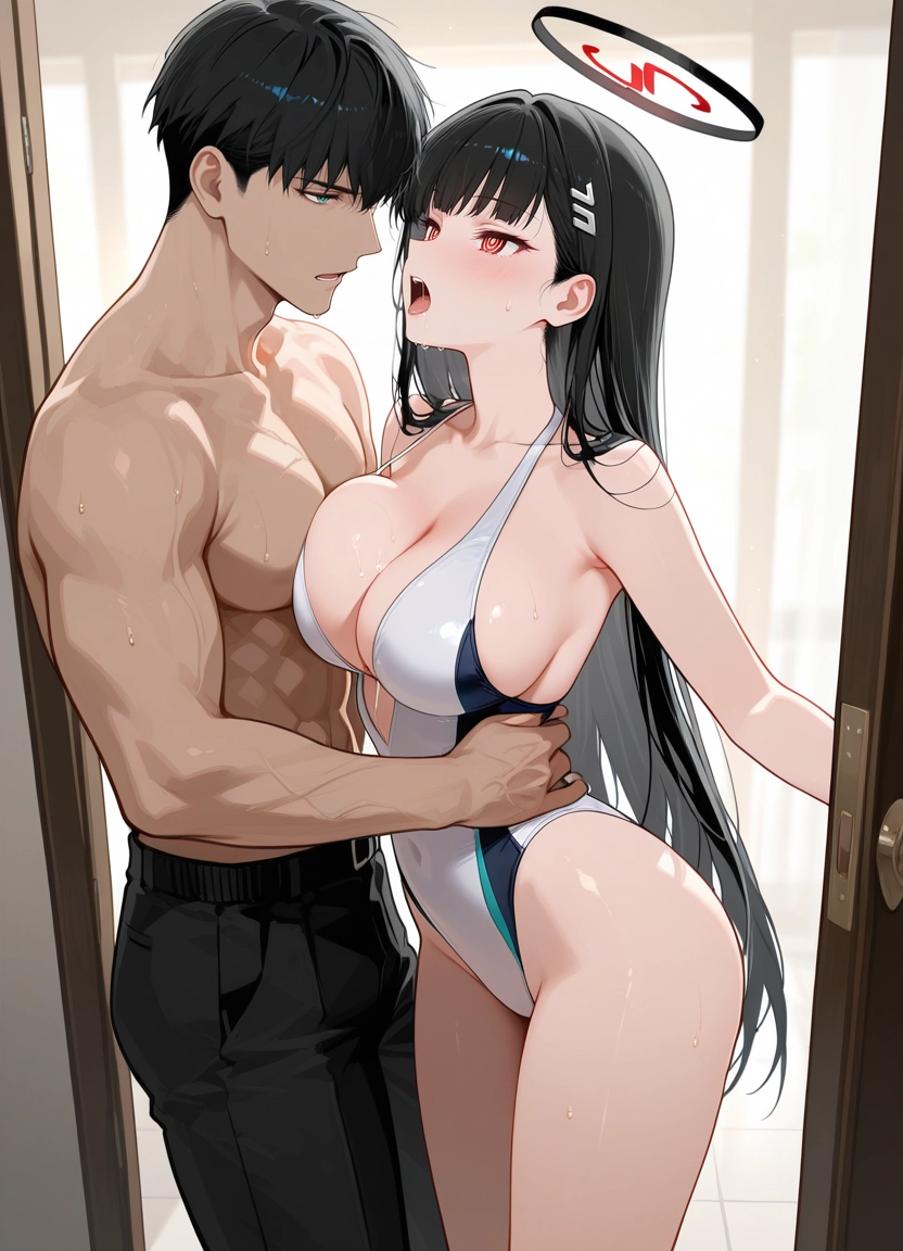 1girl, black hair, breasts, 1boy, swimsuit, topless male
