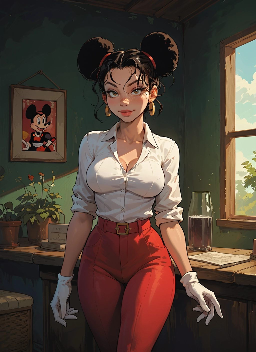 1girl, breasts, gloves, jewelry, double bun, pants · Yamete.gg