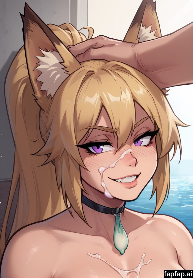 1girl, cum, animal ears, breasts, purple eyes, smile