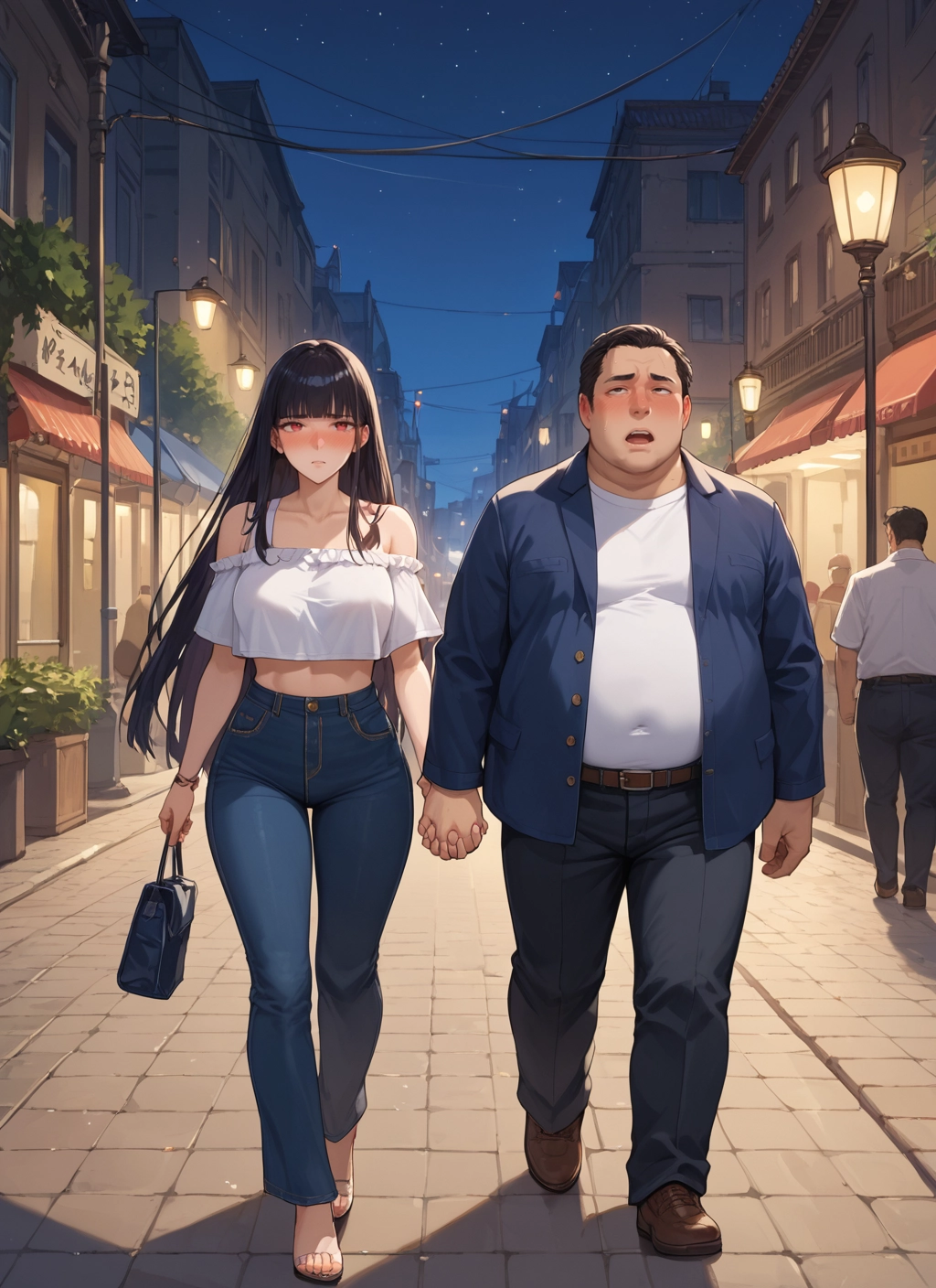 1girl, pants, long hair, bag, black hair, breasts · Yamete.gg