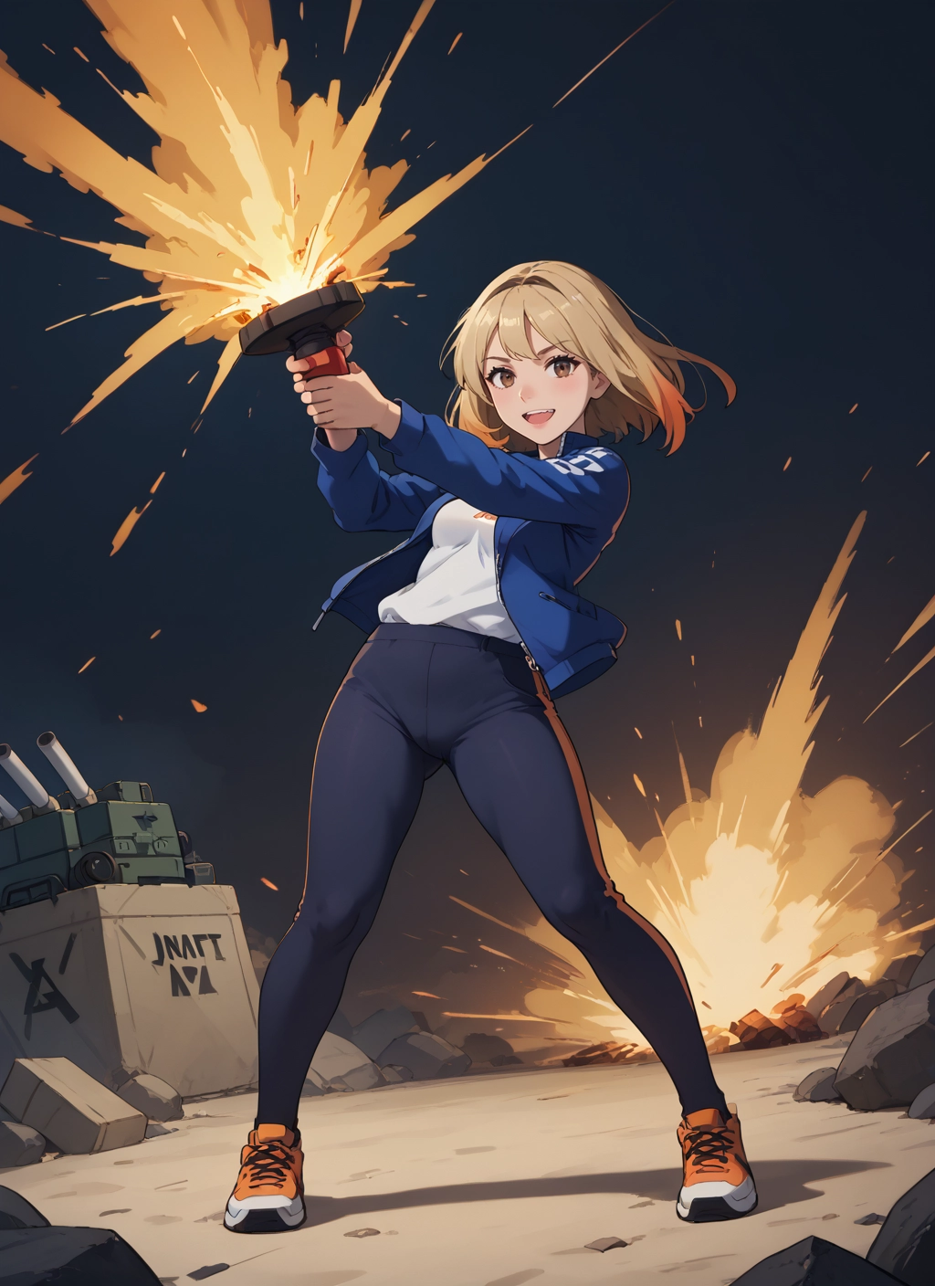 1girl, solo, jacket, pants, shoes, open mouth