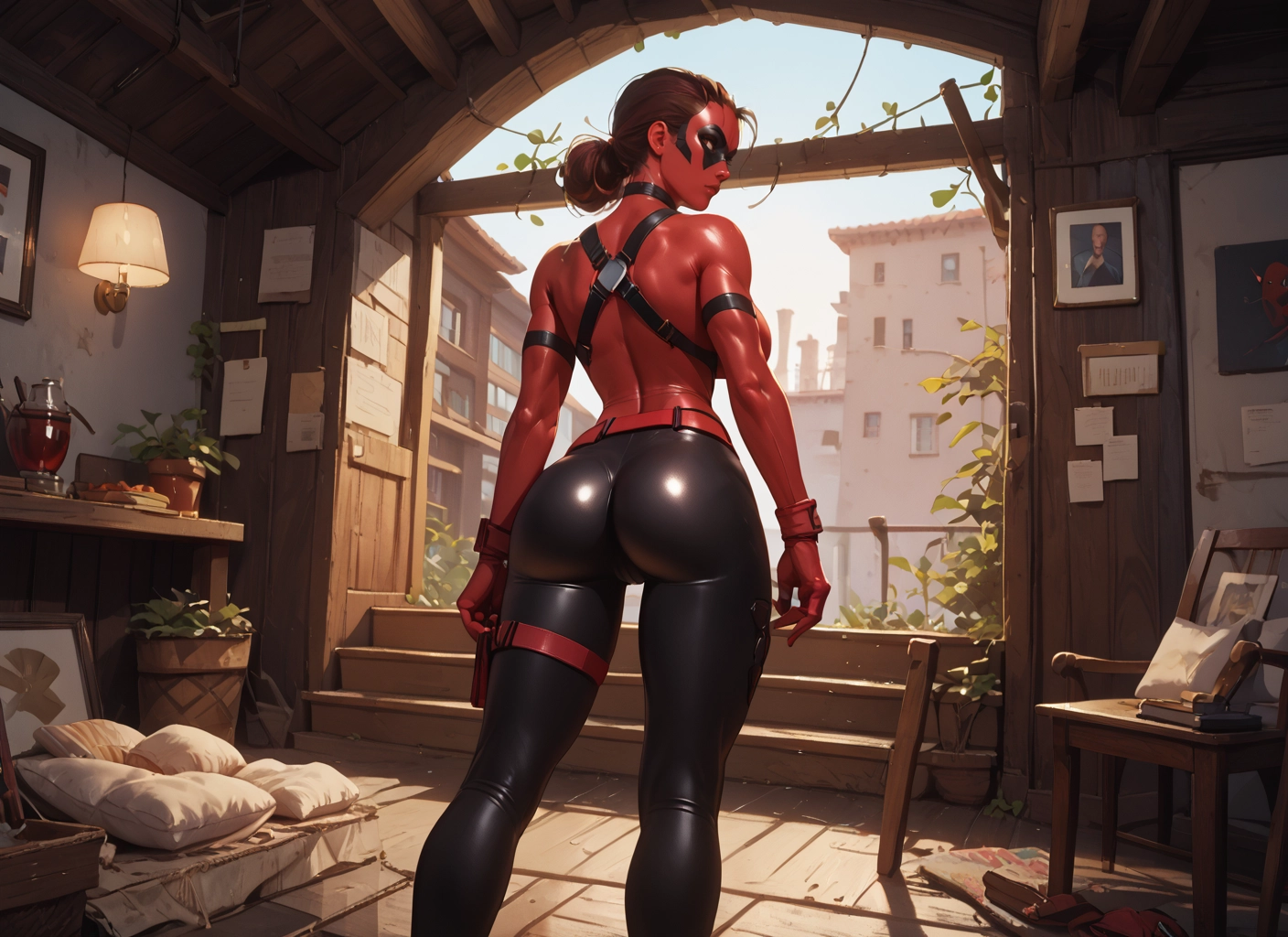1girl, ass, solo, brown hair, plant, gloves · Yamete.gg