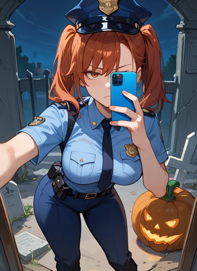1girl, phone, twintails, breasts, police, police uniform · Yamete.gg