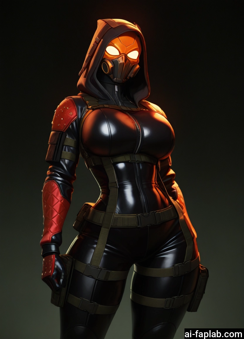 1girl, breasts, solo, bodysuit, mask, hood
