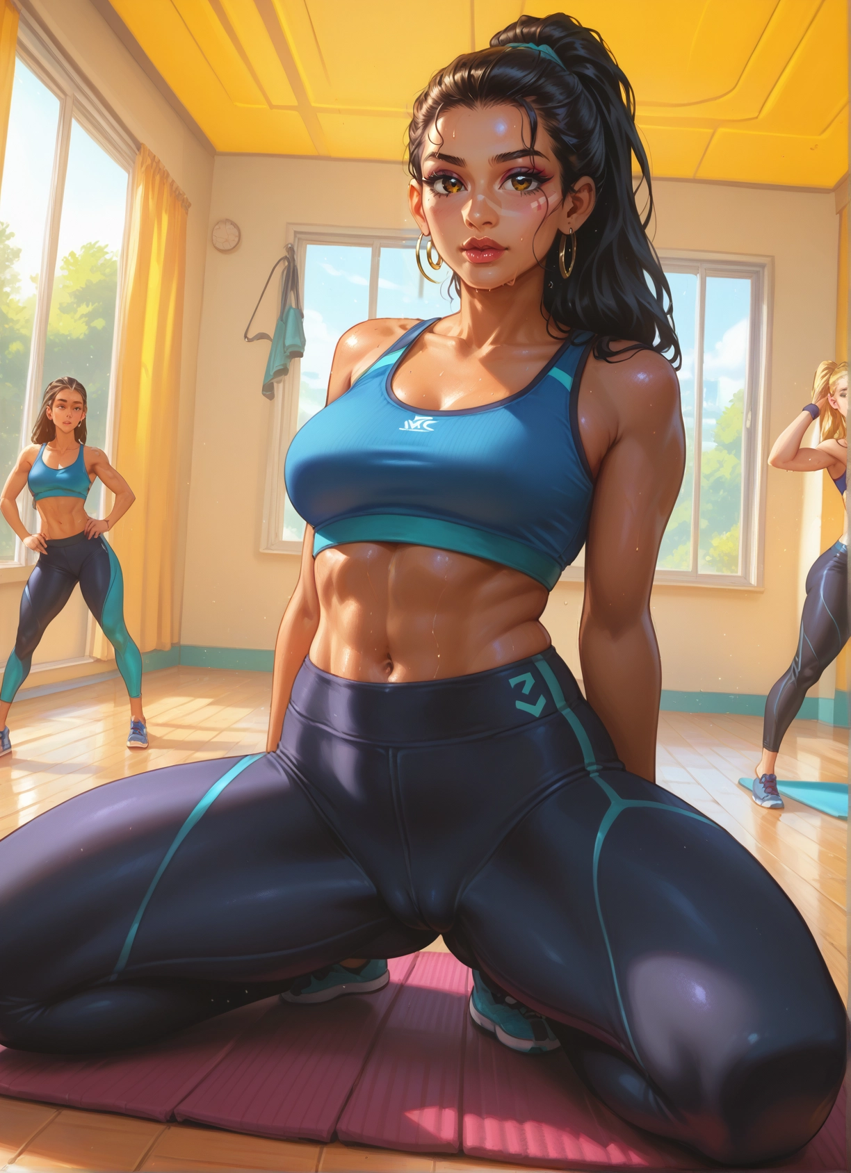 multiple girls, breasts, jewelry, earrings, navel, sports bra · Yamete.gg