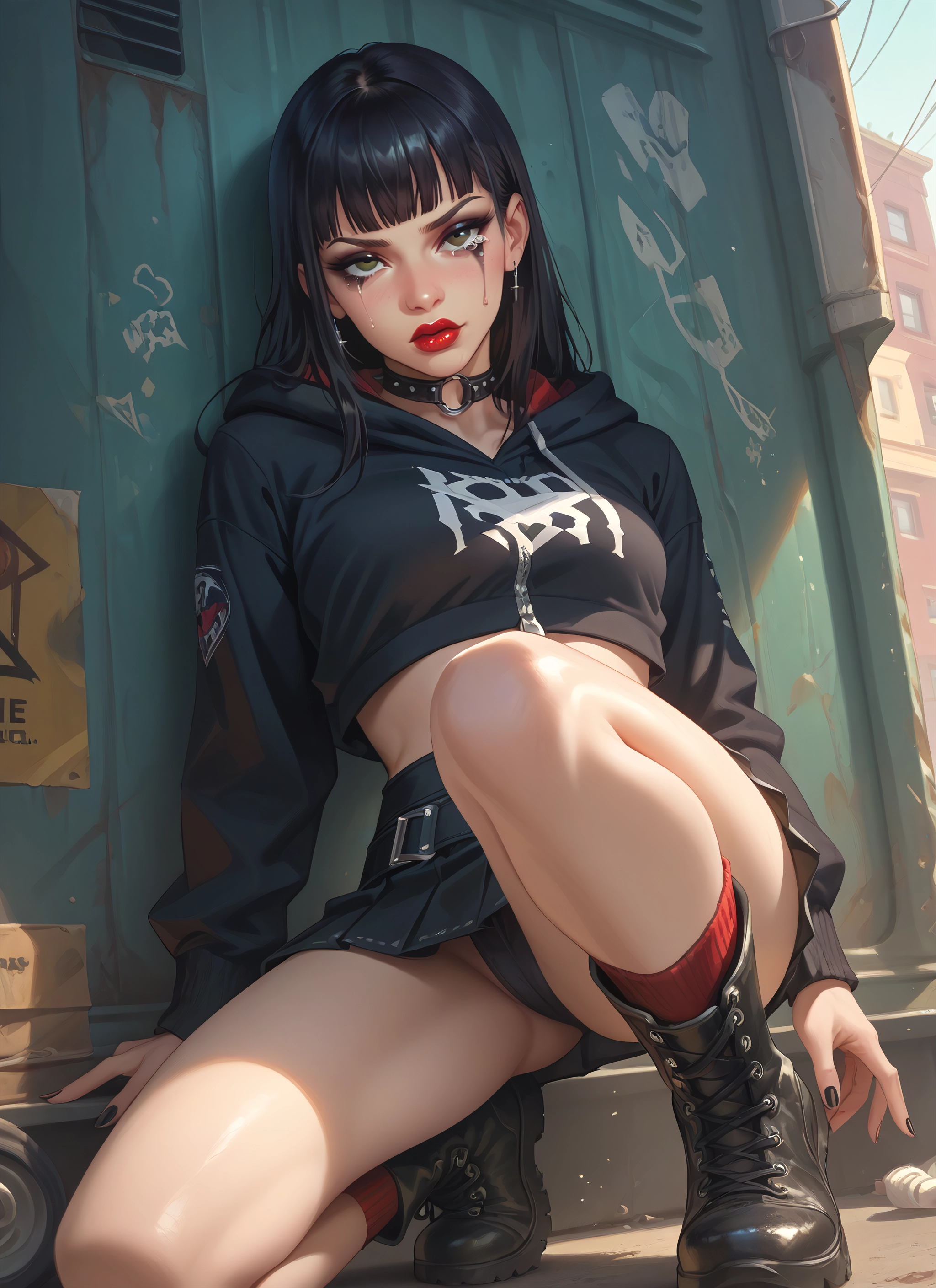 1girl, skirt, black hair, solo, boots, hood · Yamete.gg
