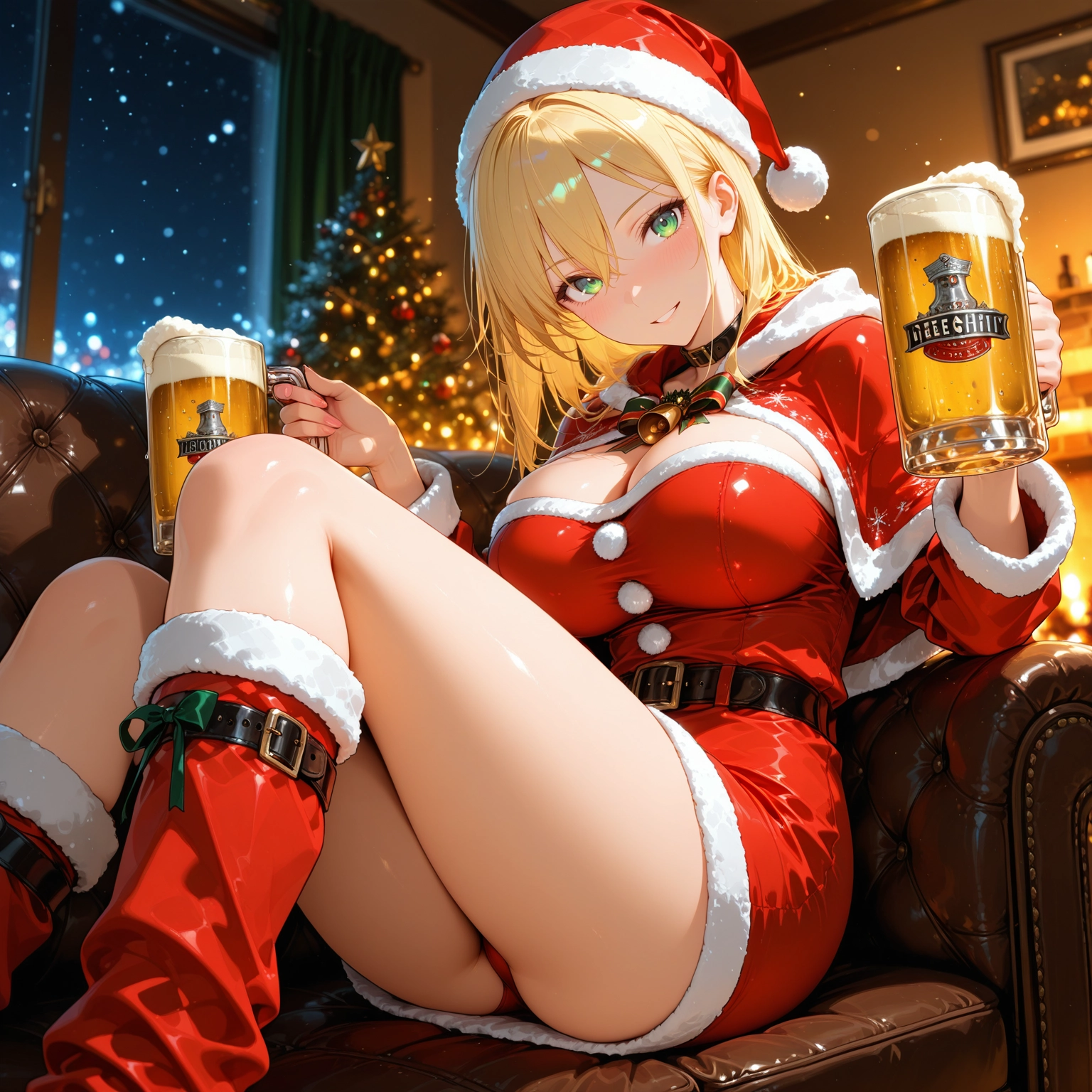 1girl, breasts, blonde hair, hat, santa hat, solo · Yamete.gg