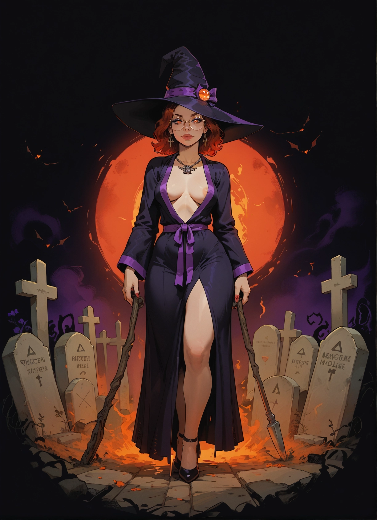 1girl, hat, breasts, witch hat, glasses, jewelry · Yamete.gg