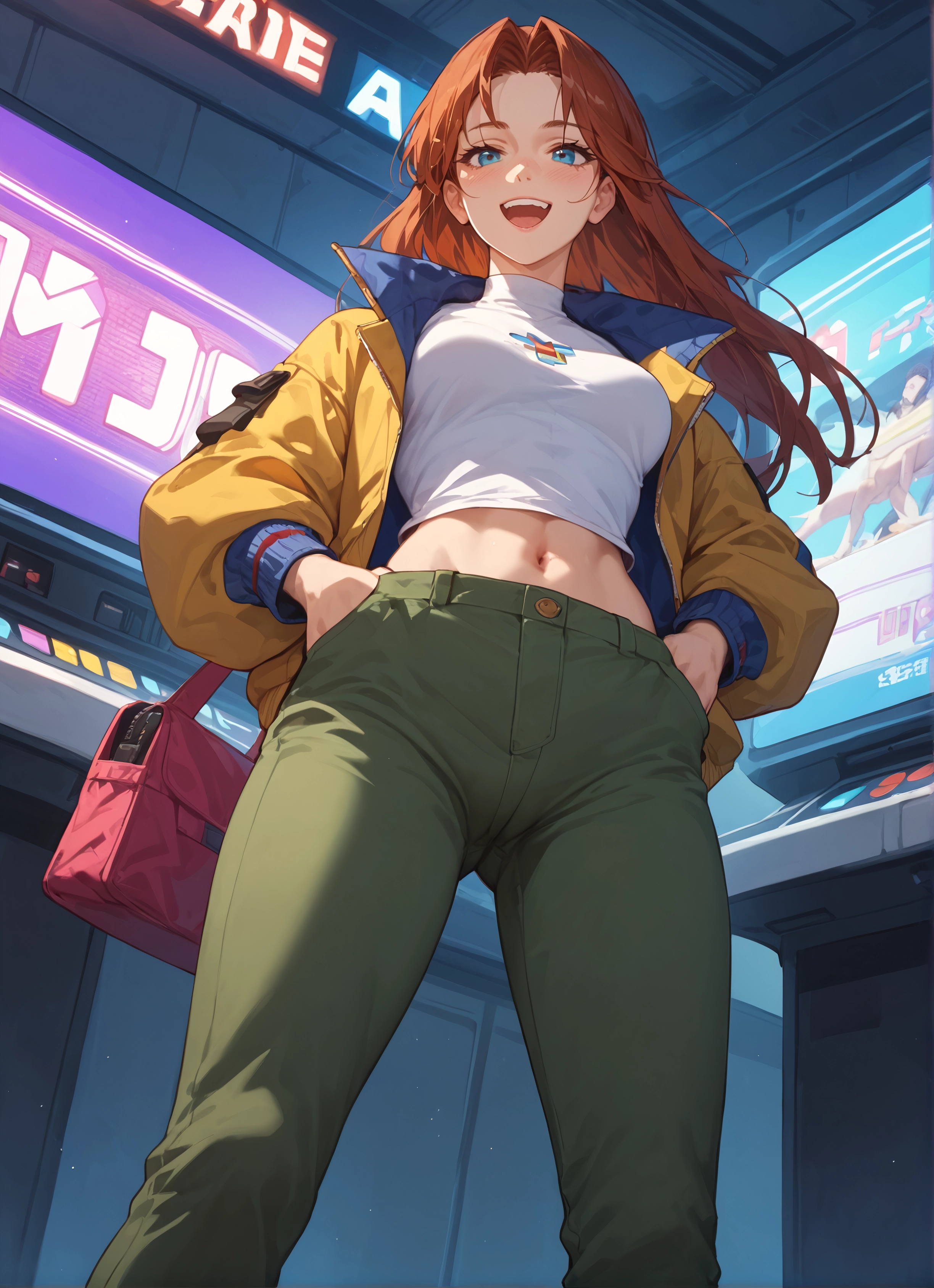 1girl, jacket, blue eyes, navel, solo, pants · Yamete.gg