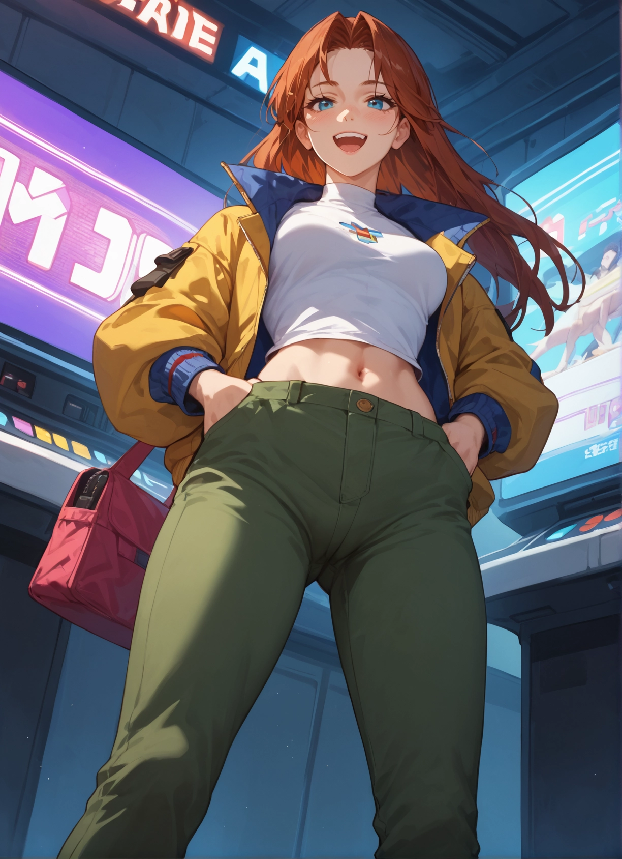 1girl, jacket, blue eyes, navel, solo, pants