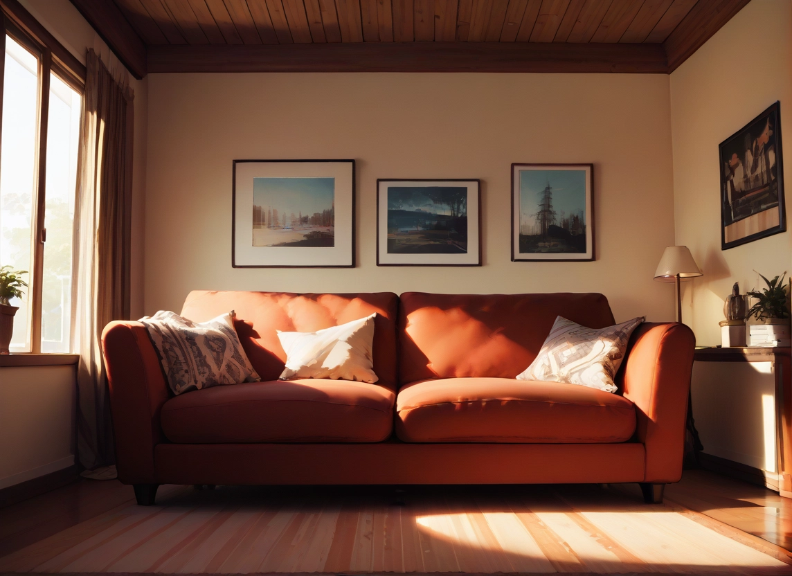 no humans, scenery, indoors, couch, window, plant
