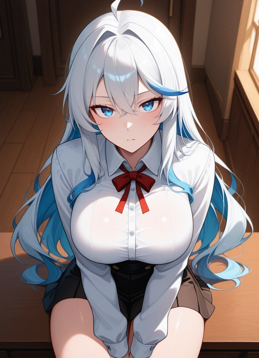 1girl, solo, skirt, blue eyes, breasts, multicolored hair
