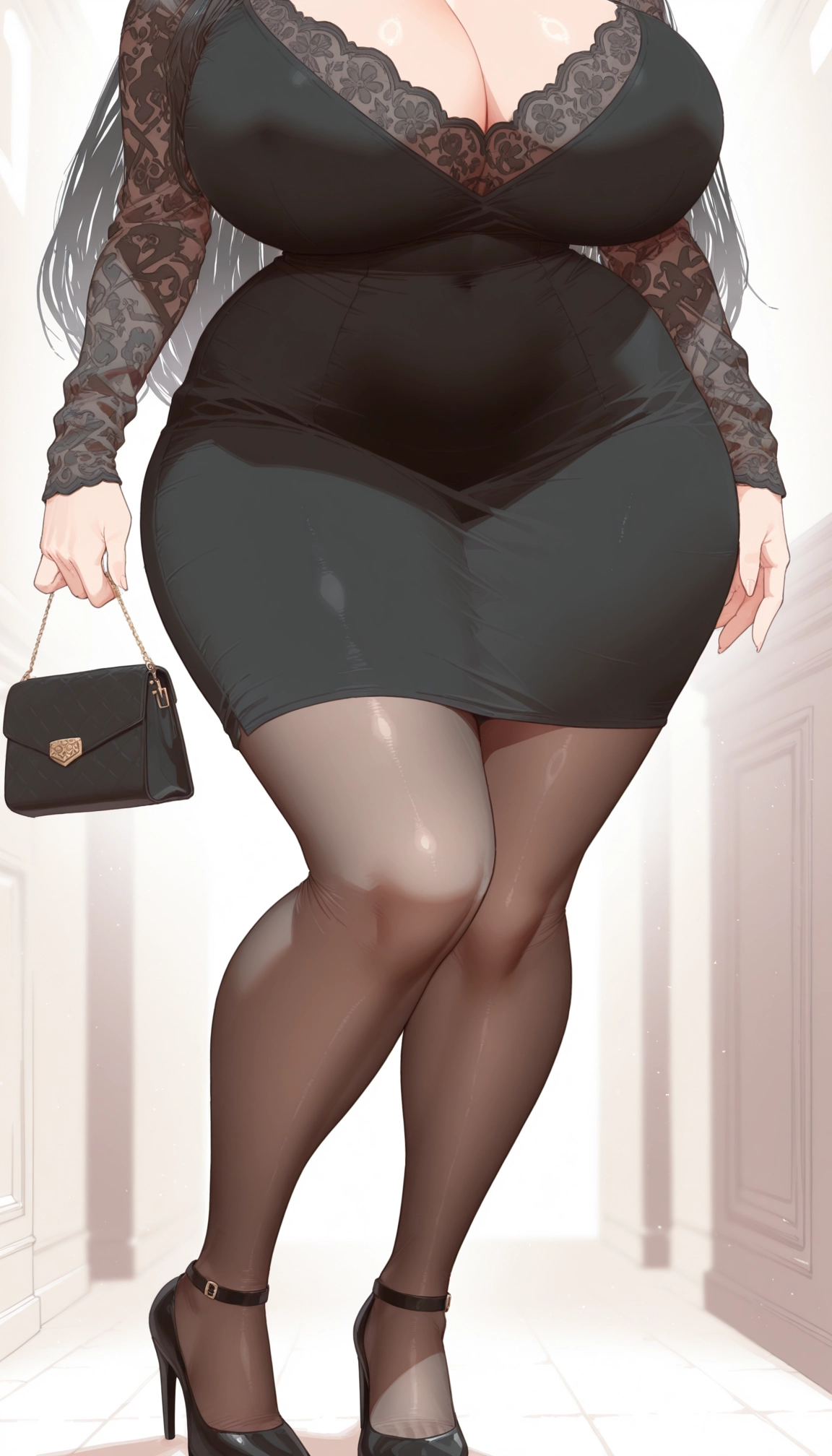 1girl, breasts, pantyhose, bag, high heels, dress · Yamete.gg