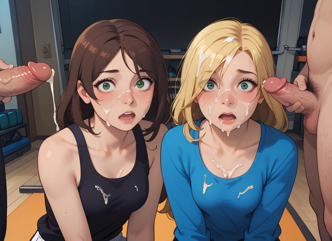 2girls, cum, multiple girls, green eyes, penis, facial · Yamete.gg