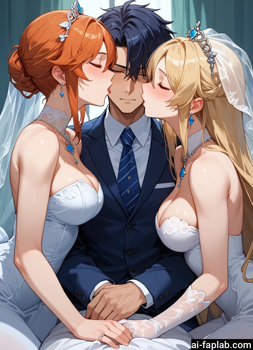 breasts, multiple girls, dress, 2girls, 1boy, jewelry