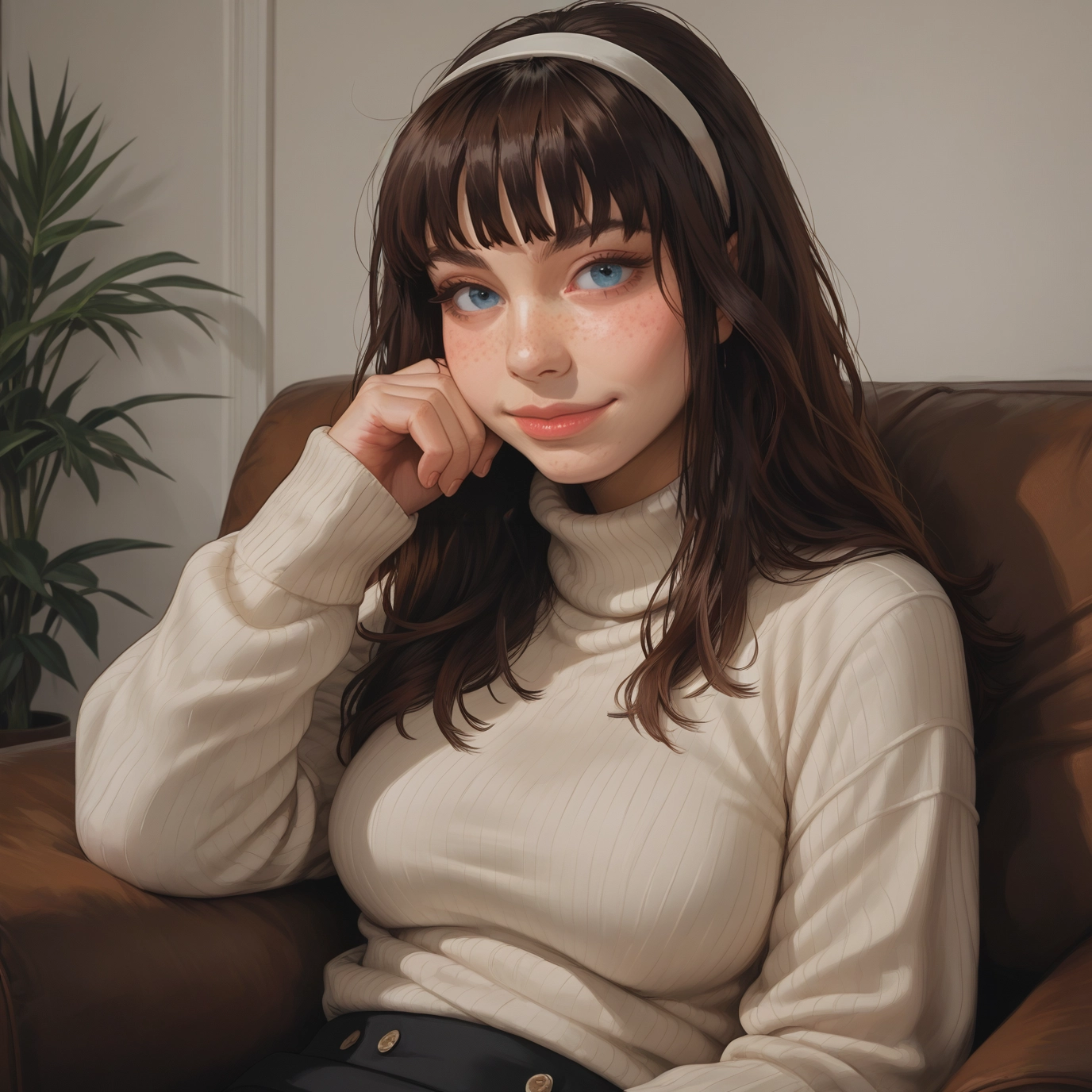 1girl, solo, blue eyes, sweater, freckles, hairband · Yamete.gg