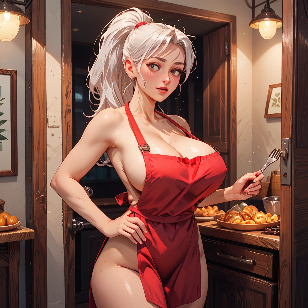 breasts, 1girl, apron, naked apron, food, fork · Yamete.gg