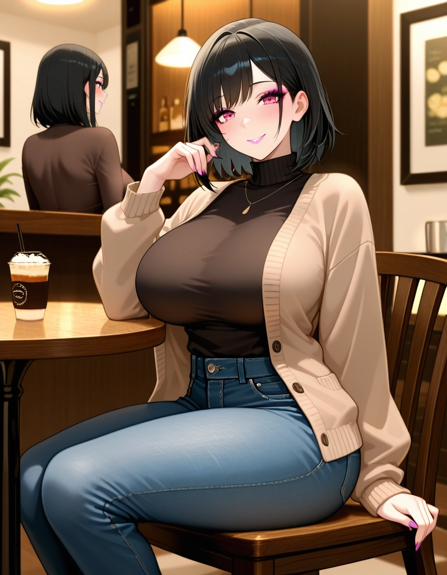 breasts, pants, sitting, large breasts, black hair, jewelry · Yamete.gg