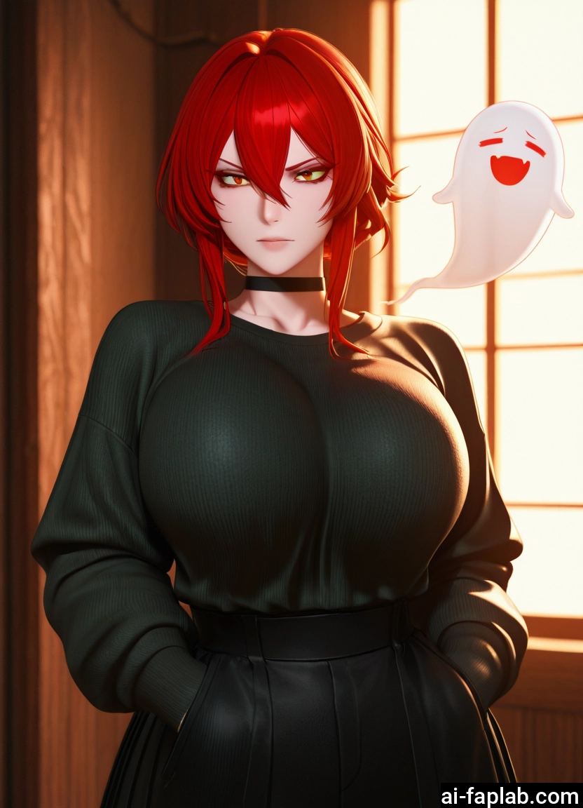 1girl, breasts, red hair, choker, hands in pockets, skirt · Yamete.gg