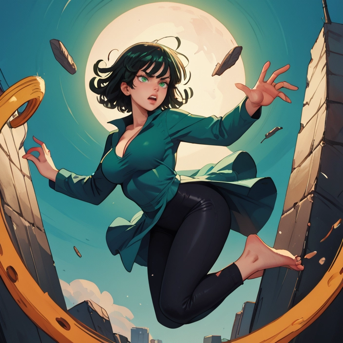 1girl, barefoot, green eyes, breasts, solo, moon · Yamete.gg