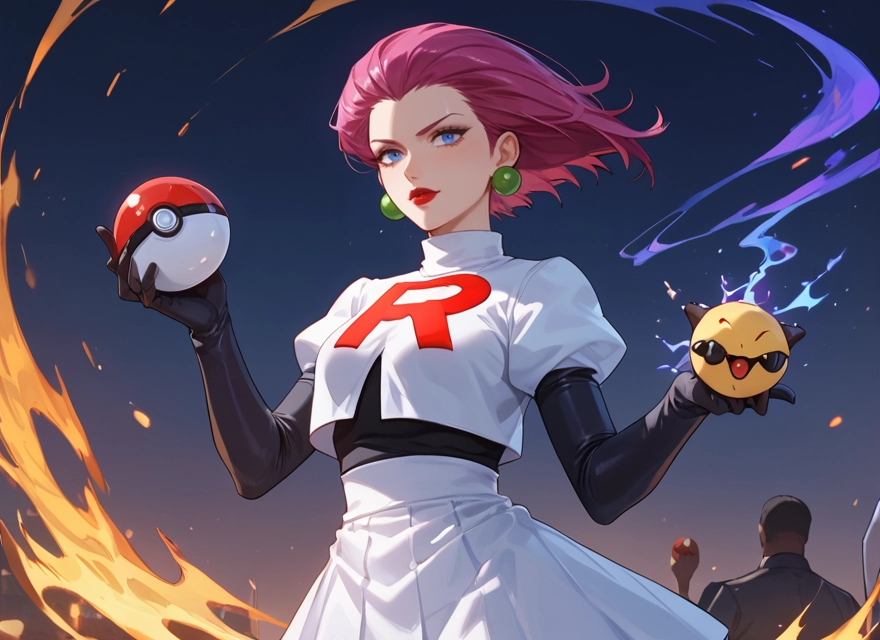 1girl, team rocket, blue eyes, skirt, holding, jewelry · Yamete.gg