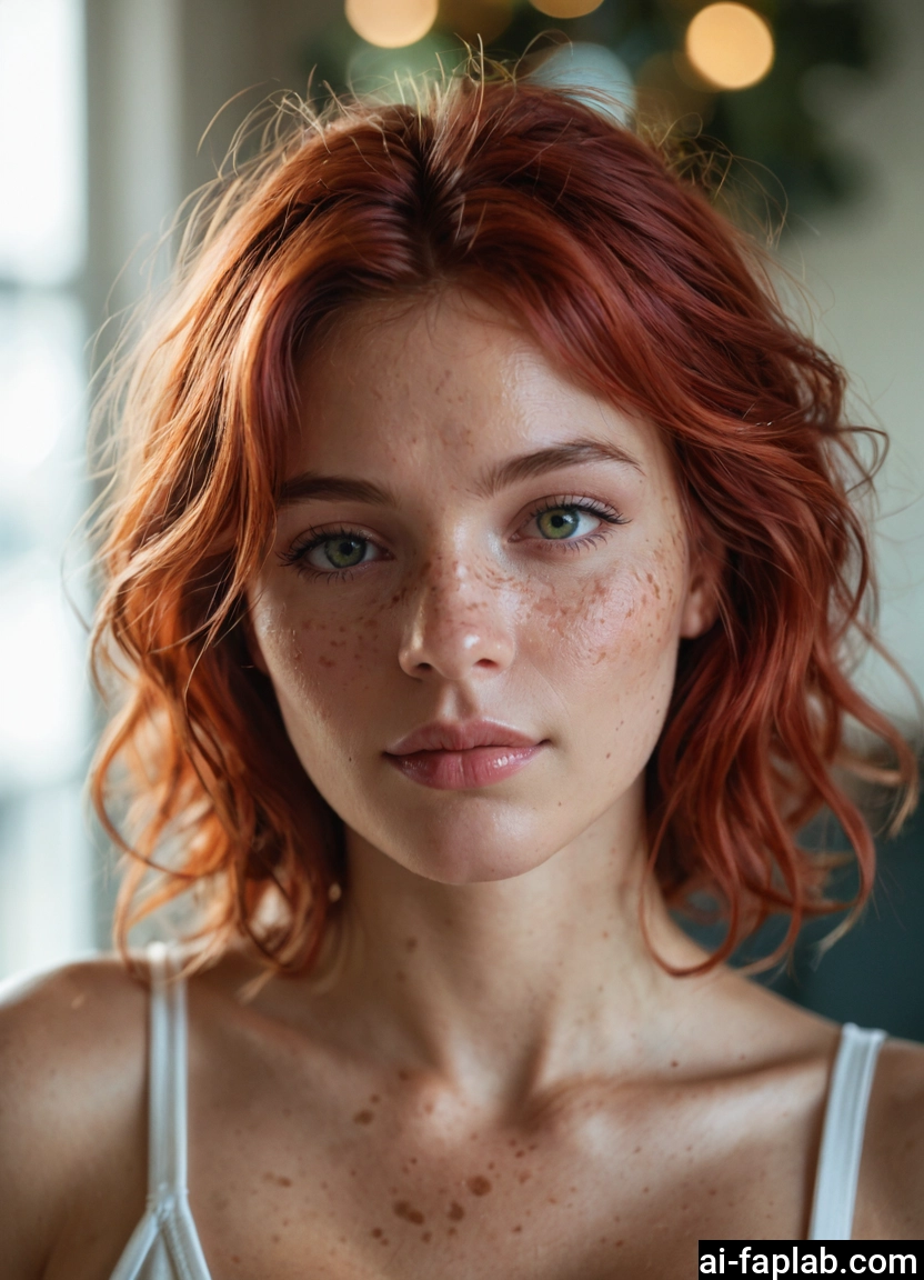 1girl, solo, freckles, green eyes, looking at viewer, orange hair