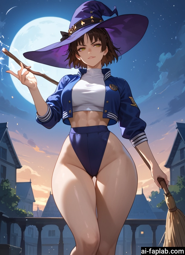 1girl, hat, witch hat, broom, moon, brown hair