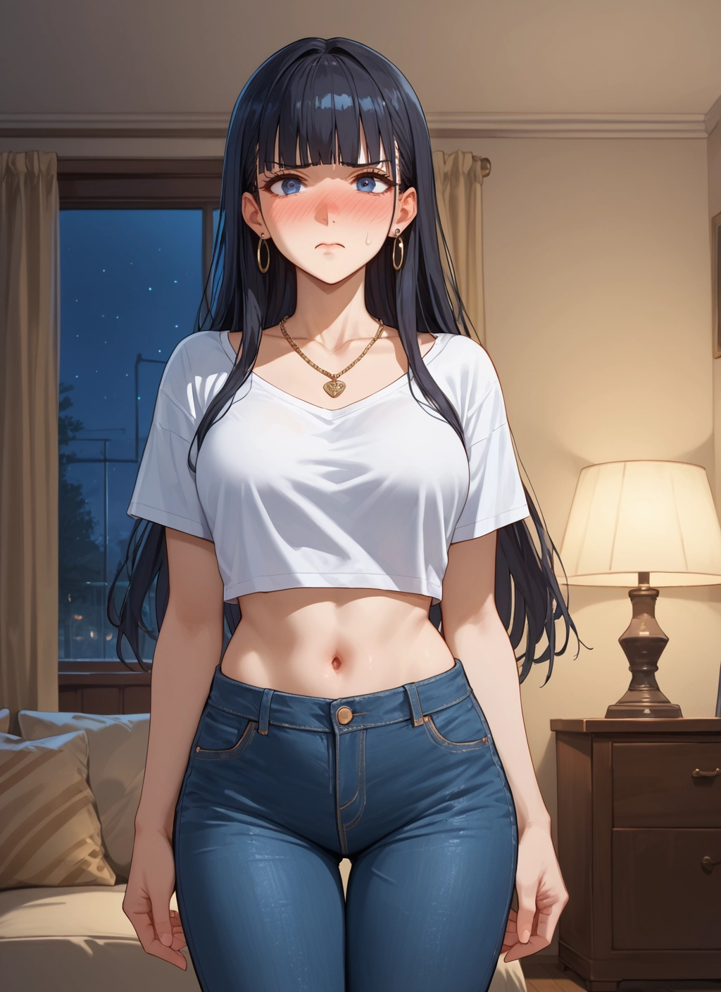 1girl, long hair, jewelry, navel, earrings, blush · Yamete.gg